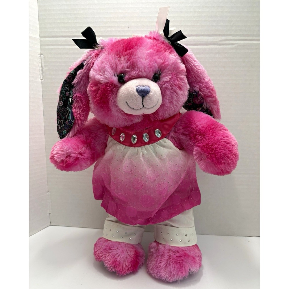 Build-A-Bear Hot Pink Bunny Plush Sequin Dress White Jeans Purple Heart 16in
